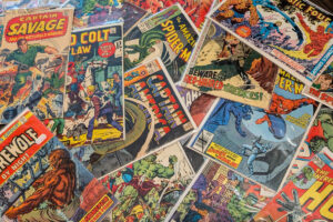 comic book collection on the floor